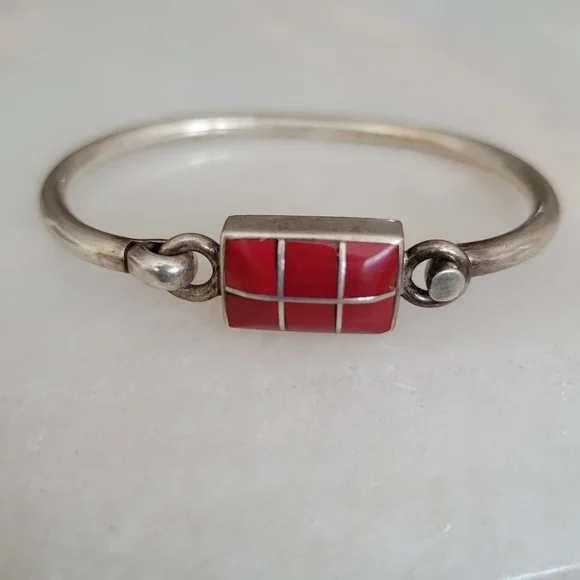 Mexican Sterling Silver And Coral Bangle - Picture 1 of 6